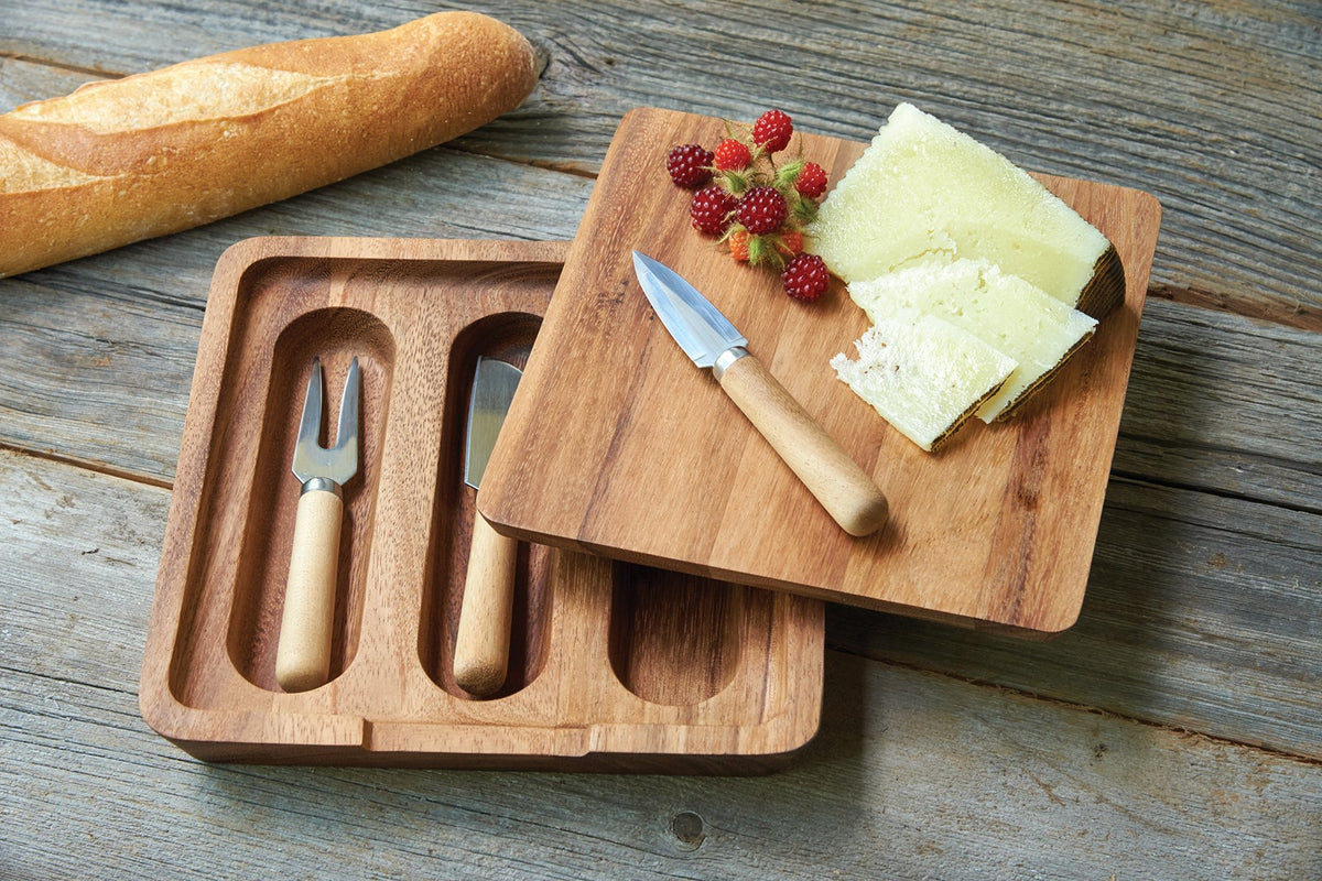 3-Piece Olive Wood Cheese Knife Set with Acacia Cheese Board