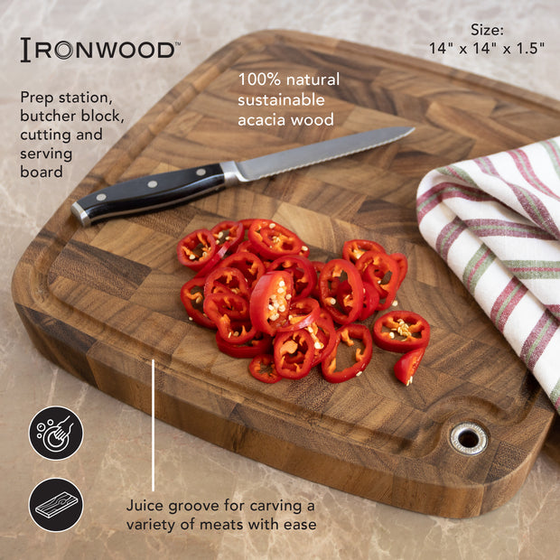 Ironwood Gourmet Carolina Acacia Wood Chopping Board, 14" End Grain Cutting Board With Juice Channel