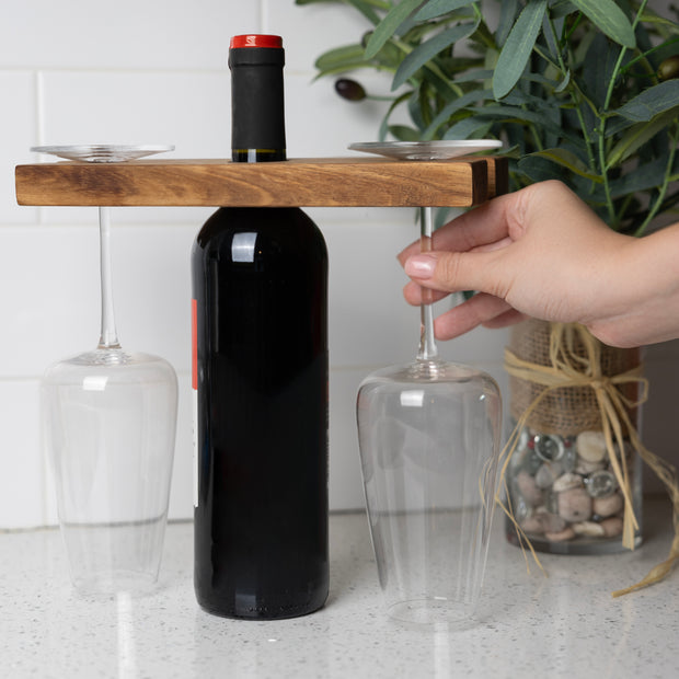 Ironwood Gourmet Acacia Wood Wine Glass Holder For Wine Bottles, Holds 2 Wine Glasses